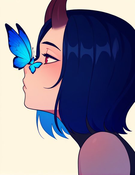masterpiece,best quality,amazing quality,side view,(close-up:1.2),butterfly on nose,looking on butterfly,blue butterfly,light,solo,1girl,Arueshalae,succubus,horns,dark blue hair,short hair,<lora:Arueshalae_v2>,<lora:Flat_Style_Illustrious:0.8>,flatstyle,<lora:flatline_v2_-_Illus_x_Niji:0.5>,flatline,(incase:0.5),<lora:derpixon_ill:0.5>,