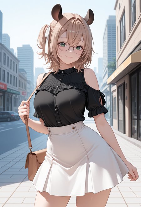 masterpiece, best quality, 1girl, solo, N1mi, green eyes, light brown hair, medium hair, crossed bangs, one side up, hair ribbon, white ribbon, animal ears, glasses, black shirt, frilled shirt, shoulder cutout, short sleeves, white skirt, shirt tucked in, tight skirt, shoulder bag, standing, contrapposto, outdoors, city, smile, <lora:ChamNimiNightmareNoob:1>