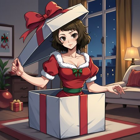score_9, score_8_up, score_7_up, score_6_up, score_5_up, score_4_up, zPDXL2,source_anime,rating_questionable,   indoors, 1girl, looking at viewer, kawakami_sadayo, persona         <lora:Present_Box:0.8> pr3s3nt, gift box, looking at viewer, in container, waist up, night time, Christmas dress, red dress white trim,