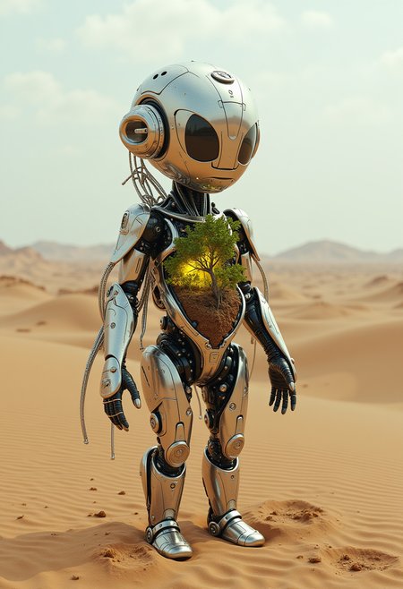 in the style of ck-ncr, A childlike cybernetic being with a chest cavity resembling a garden, complete with miniature trees and flowers thriving in nutrient-rich pods. Their arms are segmented like an exoskeleton, featuring fine, almost insect-like metallic filigree. The child stands in the middle of a barren desert, their glowing bioluminescent veins spreading life into the surrounding landscape. The stark contrast of life and desolation evokes a sense of futuristic hope.