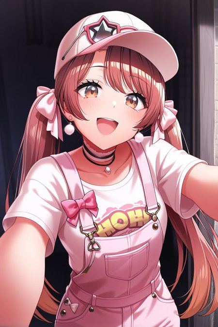 masterpiece, best quality, amazing quality,
 <lora:Haruna_IL:1> haruna, 1girl, hat, twintails, smile, solo, long hair, jewelry, open mouth, looking at viewer, overalls, shirt, bangs, bow, baseball cap, choker