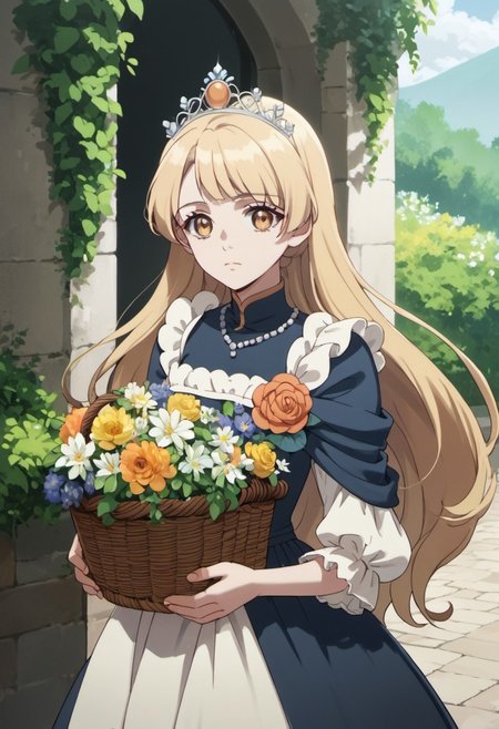 score_9, score_8_up, score_7_up, source_anime, tiara royal ivy, long hair, blonde hair, yellow eyes, 1girl, solo, flower, basket,  dress