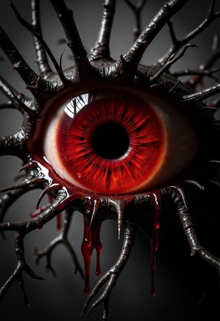, Highly detailed, digital artwork featuring a close-up of a single, large, human eye. The eye is strikingly vivid, with a deep, intense red iris that is cracked and fissured, giving it a haunting, almost demonic appearance. The pupil is completely black, adding to the eerie effect. The eye is surrounded by thick, dark eyelashes, which are meticulously detailed, and long, dark eyelids that are slightly open. The background of the eye is a deep, dark gray, creating a stark contrast with the bright red of the iris. The eye is embedded within a web of dark, twisted roots and branches that seem to be growing out of the eye itself, adding to the macabre and surreal nature of the image. Red, viscous liquid is dripping from the eye and the surrounding roots, enhancing the dark and foreboding atmosphere. The texture of the eye is smooth and glossy, while the roots and branches are rough and gnarled, with visible cracks and crevices. The overall style of the artwork is dark and Gothic, with a focus on detailed, hyperrealistic elements and a strong emphasis on horror and the macabre. detailed eyes, sinfully stylish, dramatic light, soft light, long shadows, aidmarealisticskin, dim light,  Low key, Chiaroscuro, partially covered in shadow, dramatic shadow
