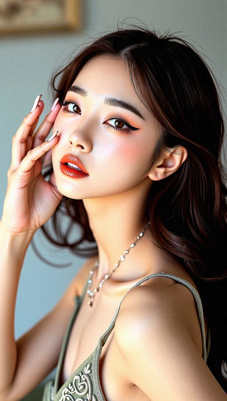 An upper body image of a beautiful korean woman, multicolored  wavy hair, light brown eyes, and bold eyeliner. She has fake nails,  and her lips are shiny and full. The extreme realism focuses on her detailed skin, showing fine textures and natural highlights.

The background is indoor plaza, background Couples dancing to street musicians in public squares, 

Her outfit are Retro halter-neck sundress with intricate design.

Subtle skin pores and natural texture on the face and neck, Realistic light reflections on the surface of the eyes, Slightly raised veins visible under the skin on the neck, Subtle veins visible on the eyelids under certain lighting, Realistic reflection of light on the glossy lips, following their curvature, Soft reflections on the necklace, enhancing its metallic look, Soft shadows under the lower lip, enhancing depth and form, slight noise effect to add texture and realism to the image.a slight sheen of sweat or natural skin oil to areas like the forehead and nose.Apply subsurface scattering to the skin to simulate the way light penetrates and scatters within it, enhancing realism.

Classic head tilt with a smile, one hand lightly touching her cheek























 









































