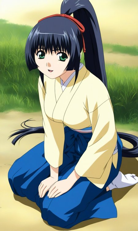 general,highres, ultra-detailed,very aesthetic,best quality ,best hands, BREAK <lora:Kurama-hime_Hininden_Gausu_IS:1>
Kurama-hime(Gausu), 1girl, solo, long hair, ponytail, sidelocks, bangs, blue black hair, hair ribbon, red ribbon, green eyes, medium breasts,
japanese clothes, arm pink protector, Yellow kimono, long sleeves, hakama skirt, blue hakama,
smile,looking at viewer, cowboy_Shot,
grass, kneeling, :o, tabi, day, on ground,