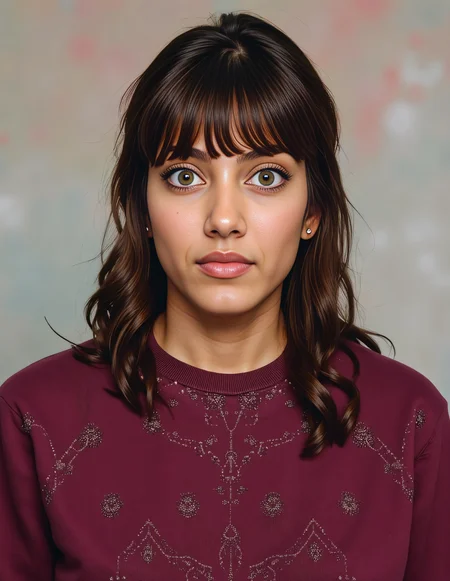 instagram photo of a   woman with a d351 m3d1um skintone, hyper realistic photo that is safe for work, expression of wonderment with wide eyes, studio quality image with natural colors, well dressed wearing intricate long sleeved Maroon sweatshirt, hair styled as  bangs,muted pastel shaded multicolored background that contrasts with the person, cinematic lighting,âââââ <lora:d351_m3d1um_Desi_Mocha_Flux_Kohya_V3:1>âââ
