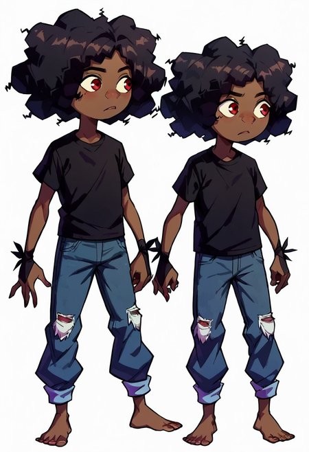 score_9, score_8_up, score_7_up, 1girl, solo, cartoon,
easynegative, conceptart, multiple views, full body, profile pictures, white background, simple background,  , simple background, 
brown skin, red eyes,  curly black hair, massive afro, short female,cuffed grey jeans, black T-shirt, blue wolf-skin hood, two pieces black fabric tied around wrists,<lora:Wolf_AoW:1>, five fingers, perfect anatomy, flat chest, child