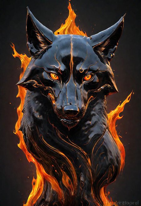 (masterpiece))
a wolf head,
HDR, hyper realistic, 
Black goo,
godly auburn light, flames,