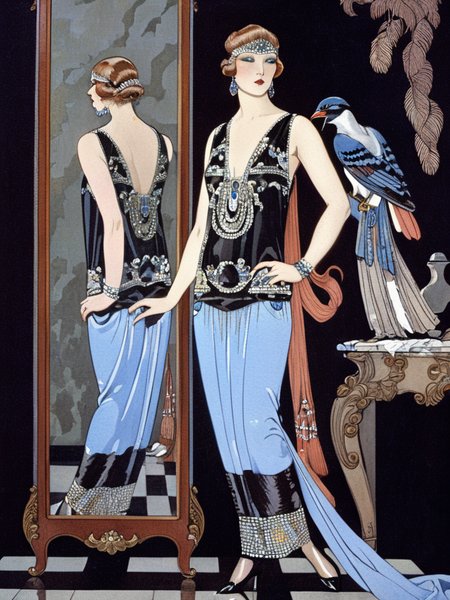 <lora:sdxl_George barbier v1.0:0.8>,george barbier, illustration, flat illustration, 1girl, solo, dress, bird, earrings, brown hair, jewelry, black background, standing, mirror, full body, black footwear, sleeveless, holding, blue dress, sleeveless dress, print dress, shoes,, masterpiece, best quality,absurdres,highres,ultra detailed,official art,
BREAK