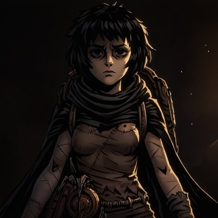 masterpiece, best quality, newest, absurdres, highres, anime, anime style, DDstyle, official style, black eyes, shaded eyes, 1girl,  DDRAW-V1.0, cape, black hair, short hair, small breasts, backpack, rags