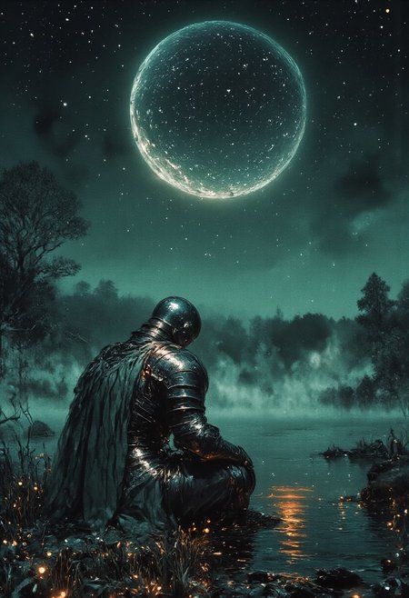 A serene fantasy scene: a lone knight in silver armor kneels by a calm lake under a starry night sky. The atmosphere is cool and tranquil, dominated by shades of deep teal and muted blue, with soft golden glows from fireflies illuminating the foreground. Mist rolls gently in the background, obscuring distant trees, while the knight's reflection shimmers in the water. The overall tone evokes solitude and introspection in a magical, ethereal setting