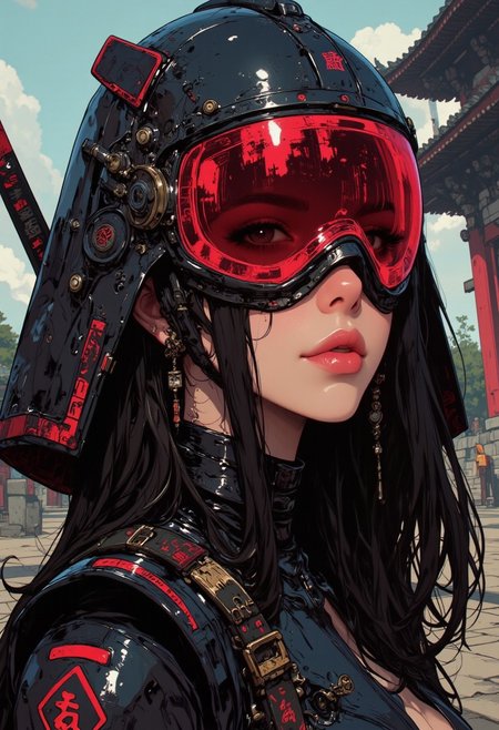gothic, niji,  this digital anime artwork portrays an erotic, sexy asian female cyberpunk samurai, helmet with mirrored visor, hyperdetailed helmet, flowing black hair, reflective black and neon red armor, a katana strapped to her back, abstract background suggesting eastern temple