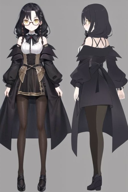 anime, girl, goth, black hair, twin braids hair, glasses, yellow eyes, black short shorts, witch, medieval fantasy, small boobs, uniform, shoulders, noble, gothic makeup,pantyhose, serious face, simple blackground, model sheet