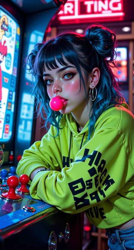 Candid, waist-up portrait of a photorealistic woman lounging inside a vintage arcade, bubblegum in her mouth, leaning on a Street Fighter II cabinet. Hair in two high puffs dyed electric blue, lime green crop hoodie with “HACK THE PLANET” print, oversized silver hoop earrings. Rainbow lens flare in her eyes, glowing joystick reflection on her face.

photorealistic, cinematic lighting, 90s cybercool, arcade nostalgia, tube TV light source, low contrast background, high detail accessories, grunge-punk gamer girl energy







fmlas-mk.1, mythp0rt,