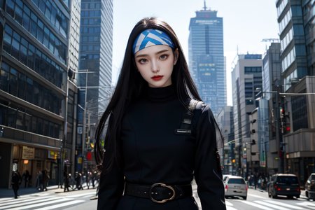 highly insanely detailed, masterpiece, top quality, best quality, highres, 4k, 8k, RAW photo, (very aesthetic, beautiful and aesthetic),  
beth_\(megami_tensei\),bethsmtii,shin megami tensei ii,long hair,black hair,straight hair,sleek black,jewelry,cross,headband,red_lipstick,Tokyo_Millennium,post-apocalyptic_city,dystopian_world,Order_of_Messiah,Religious_order,messianic_cult,divine_rulers,Millennium_News_Network,City_news,propaganda_broadcasts,information_contro, 
<lora:zs_Beth:0.5>, 
(1girl:1.3), 1other, 
street corner,celestial blue background,âââ