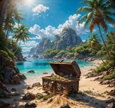 RAW photo, (masterpiece:1.3), subsurface scattering, heavy shadow, (high quality:1.4), (intricate, high detail:1.2), professional photography, HDR, High Dynamic Range, realistic, ultra realistic, photorealistic, high resolution, film photography, ambient lighting, atmospheric effects, <lora:detail_slider_v4:2>, OverallDetail,  sandy beach, cloud, cloudy sky, nature, palm tree, plant, rock, scenery, shore, sky, summer, sunlight, tree, <lora:Beach:1>,  treasure chest with gold, treho, <lora:TreasureHoard:0.6>, epiCPhoto,