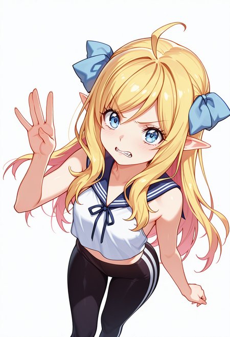 Smooth Quality,masterpiece,very intricate, high quality details, ultra realistic, high detailed skin,detailed enviorement,absurdres,
vulcan salute,
 <lora:Jashin-chan_CNR:0.8> jashin_cnr, 1girl, blonde hair, long hair, ahoge, blue eyes, pointy ears, fangs, hair ribbon,legs,, simple background, white background, dutch angle,solo,, grimace,, halter top, ,sailor shirt,  ,leggings, ,