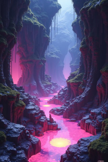 with pools of glowing water, with intricate textures and vibrant colors. The scene should include a rich variety of elements, each contributing to the overall atmosphere. Lighting should be soft, diffused, and natural, enhancing the depth and realism of the scene. The mood is to be calm yet vibrant, creating a sense of serenity and wonder. Every detail in the scene should be meticulously rendered, emphasizing the contrast between light and shadow, and capturing the fine textures and subtle gradients. The color palette should be carefully chosen to evoke emotion, with each hue enhancing the aesthetic appeal of the overall composition. The final image should be immersive and captivating, drawing the viewer into its intricately detailed world.