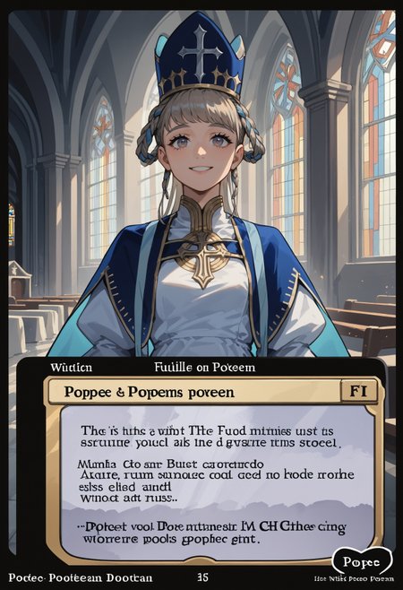 c4rd,english text,character name,
church, indoors, light beam, dusk, sunlight, fog, smiling,
PopeJoan, long hair, braided hair rings, PopeJoanBase, long hair, braided hair rings, mitre, blue headwear, white dress, jewelry, juliet sleeves, blue cape
,score_9,score_8_up,score_7_up, source_anime,
 <lora:MTG_card_v2:1>    <lora:ChamPopeJoanPonyXL:1>
