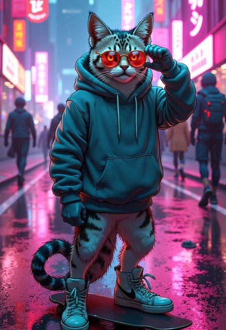 A stylish anthropomorphic cat wearing a hoodie and high-top sneakers, standing confidently beneath neon lights in a futuristic city. The cat has sleek fur with shades of silver and teal, and glowing eyes reflecting the bright signs above. A skateboard rests at its feet, and its tail curls playfully. Neon pink and blue reflections shimmer on the wet pavement as rain drizzles. A group of cyberpunk-style characters pass by in the background, their outfits glowing under the city lights. The cat adjusts its sunglasses, giving off an effortlessly cool vibe.