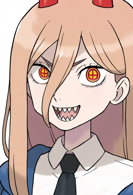 sugimori ken,
best quality, amazing quality, very aesthetic, absurdres,
BREAK
1girl, power \(chainsaw man\), pink hair, blonde hair, red horns, red eyes, cross-shaped pupils, long hair, sharp teeth, hair between eyes, symbol-shaped pupils,
collared shirt, black necktie, long sleeves,
looking at viewer, white shirt, open mouth,
simple background, white background, smile, upper body,  <lora:KenSugimoriNoob_byKonan:1>