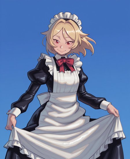 <lora:piku184:1> piku184,
(masterpiece), (best quality), (ultra-detailed), amazing quality, very aesthetic, illustration, perfect composition, intricate details, absurdres, incredibly absurdres, shiny skin, realistic,
 piku, 1girl, solo, maid headdress, maid, smile, apron, blonde hair, long sleeves, dress, puffy sleeves, closed mouth, black dress, blue background, frills, maid apron, juliet sleeves, ribbon, white apron, simple background, red bowtie, general