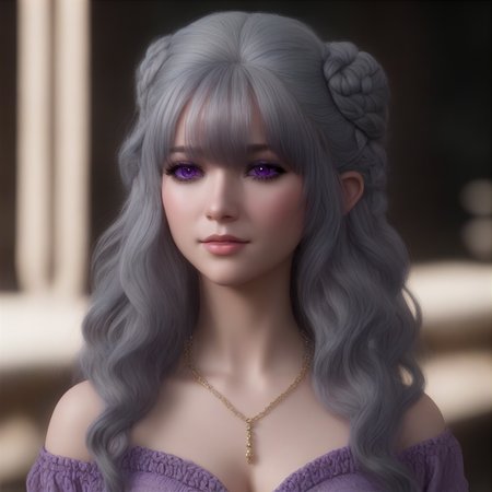 lisa, bow, braid, breasts, light purple eyes, jewelry, grey hair, wavy hair, hair between eyes, virtual youtuber, long hair, horns, cow ears, hair buns, best quality, shading, sharpness,
3D, render, human, ultra-realistic, 
 <lora:LISA-XL-t1:0.6>