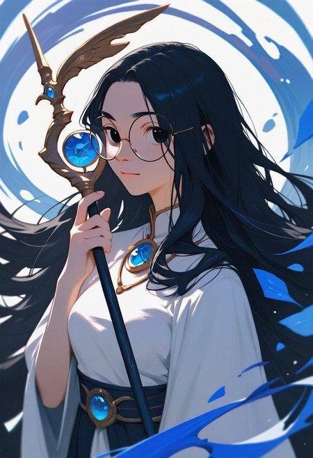 ZPDXL3, score_9, score_8_up, score_7_up, score_6_up, score_5_up, score_4_up, 1girl, medium breasts, solo, 
white robe, white mage, holding staff, blue gemstone, 
cilily, black hair, long hair, black eyes, round eyewear,