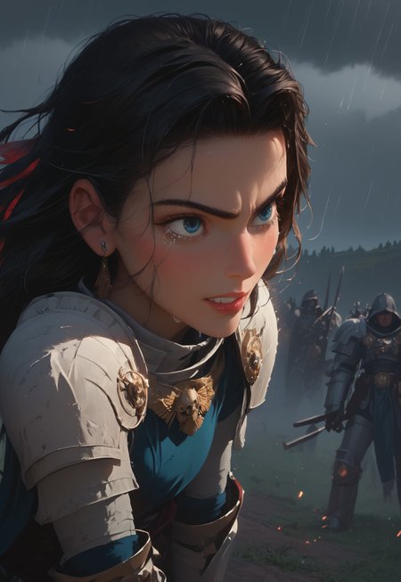 1girl, solo, 24 year old woman, large build, kneeling:1.4, beautiful, long hair, dark red hair, freckles:1.4, face uplifted:1.6, looking up, looking at the sky, earrings, fierce grin:1.5, crying:1.5, teeth clenched:1.4, angry smile:1.5, wide hips, knight armor:1.5, heavy armor, gauntlets, greaves, bright blue eyes, arms at her sides, rain falling on her face:1.5, tan skin, on knees, tears on chin, tears on cheeks,

dusk, after battle, muddy field, some grass, fallen soldiers around her:1.4, storming, dark gray sky, dark sky:1.4, streaming banners, battlefield, intense rain:1.3, dreary, raining, overcast, mountains and hills in the background,

score_9, score_8_up, score_8, masterpiece, best quality, official art, extremely detailed, CG unity 8k wallpaper, absurdres, high definition, photorealism:1.5, detailed shading, high contrast, ambient occlusion, vivid colors:1.5, saturated colors:1.6, 

downward angle:1.3, cowboy shot, cinematic, from above:1.3,

expressiveh, whites40k, tears, 