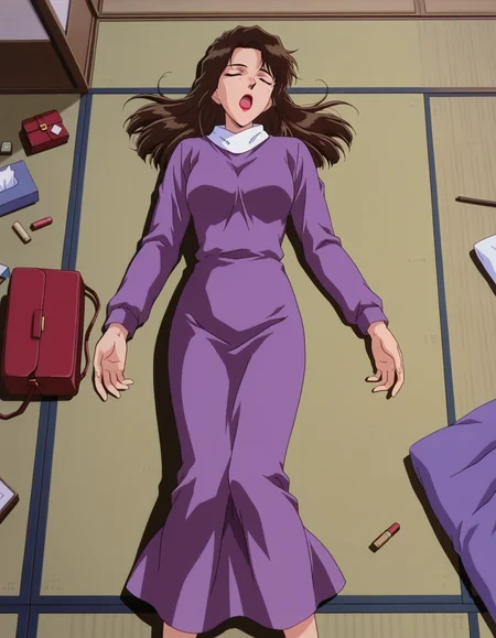 1girl,solo,masterpiece,best quality,anime screencap, 1990s \(style\),
<lora:fujimura naomi_conan_v1_IL:0.6>,(meitantei conan:0.3), fujimura naomi,brown hair,black hair,lipstick,arched bangs,wave hair,purple dress, long hair,  long sleeves, dress,red handbag,unworn bag,mature female, 
 tatami, east asian architecture,closed eyes, lying,open mouth, unconscious,from above, messy room, straight-on, zabuton,