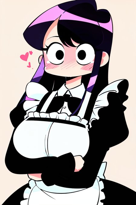 ((komi shouko)), 1girl, apron, black eyes, dotted background, emphasis lines,komi-san wa komyushou desu, long hair, looking at viewer, maid, (no mouth), (no nose), purple hair, self-upload, solo, sound effects, upper body, nose blush, large eyes, shaded face

<lora:komi_shouko:0.5>