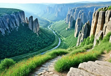 lazypos
masterful use of light and shadow, masterful composition following the rule of thirds, chiaroscuro, dappled sunlight, oil painting in the tradition of the hudson river school, masterful attention to light and atmospheric perspective, traditional media, epic scenery, rule of thirds, meteora, greece, view from the top of a cliff, a rugged rocky ledge with wild grass and small patches of wildflowers in the foreground, bathed in the light of a late afternoon, a labyrinth of towering sandstone pillars rising majestically from the misty valley, in the distance an ancient medieval monastery, a cluster of austere, weathered stone buildings with red-tiled roofs, is perched atop one of the highest rock formations, its rough-hewn walls blending harmoniously with the rugged landscape, wooden balconies jutting over the precipice, narrow arched windows peering out over the vast scenery, conveying an air of solitude and resilience, dramatic cliffs and vertical rock faces dominate the foreground, their textured surfaces catching the interplay of sunlight and shadow, delicate tufts of vegetation clinging to the craggy formations, adding depth and contrast to the scene, the middle ground reveals a lush, rolling valley stretching into the distance, covered in dense greenery, cypress trees, and wildflowers, centuries-old winding footpaths weave through the terrain, a small river meanders through the valley,