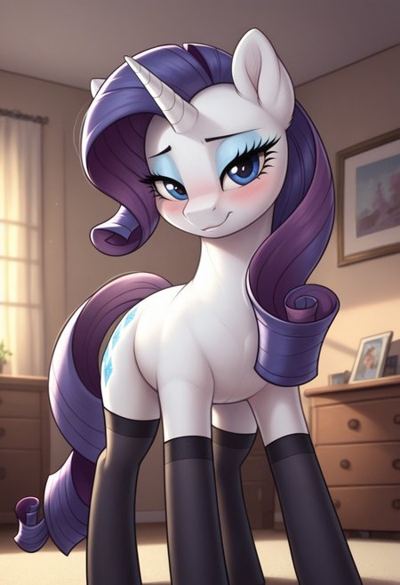 score_9, score_8_up, score_7_up, score_6_up, pony, unicorn, feral, mare, solo, (rarity), no breasts, bedroom, indoors, (night), tail, photo_realistic, blushing female, anatomically correct, looking at you, standing, black stockings, front view, dramatic angle, dynamic pose