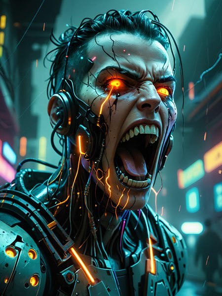 cyberpunk cyborkg screaming, mouth open   <lora:add-detail-xl:1>, electrical sparks,  masterpiece, 8k,cold colors, illustration, (volumetric fog:1.5)