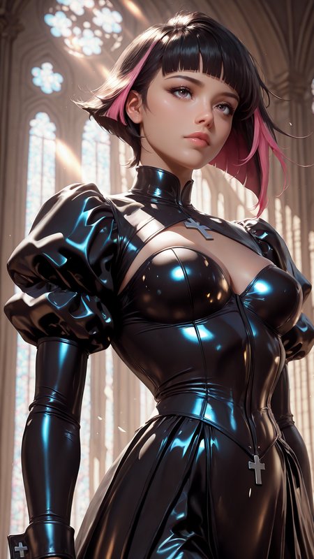 HDR, 8K,masterpiece, best quality, amazing quality, very aesthetic, high resolution, ultra-detailed, absurdres, (best quality:1.1), (retro artstyle:0.8),realistic, rim lighting, shiny highlights,
1woman, leather cuffs, puff and slash sleeves, cathedral, heartbreaking hair cut, pink streaked hair, crosses, envy,  outstretched hand, depth of field, sunbeam,