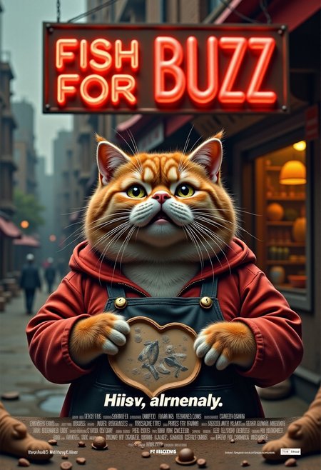 a realistic picture, , ((cute fat orange cat wearing hoodie with apron  standing in front of his fish stall in fish market, on top of his street stall ,The neon signs glow warmly reads "fish for Buzz ", creating a nostalgic atmosphere (dynamic lighting:1,0),  background, ruined market after war, in midle eastern country ,(intricate details,naturalism,hyperdetailed,hyperrealistic:1.55)
 mvpstrCE style 
((((Display the text help me with buzz!" on a movie poster)))). no human