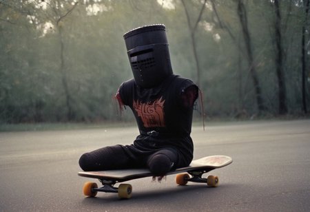 Closeup of the black Knight without limbs and with severed arms and severed legs, sitting on skatebord down a hill, <lora:Dont_Stop_Me_Now:0.9>,
35mm photograph, film, bokeh, professional, 4k, highly detailed