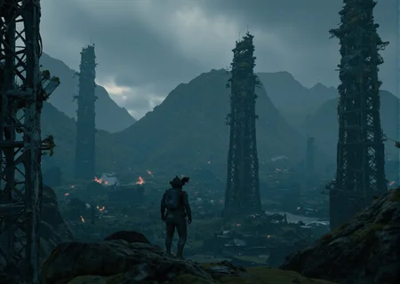 Professional digital game background of ruined city with crumbling metal towers. Dark and blue colors,  highly detailed, realistic textures, intricate designs,  <lora:Death_Stranding_Style-000001:1> Death Stranding Style