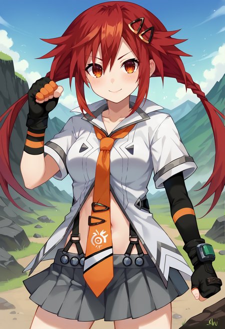 score_9, score_8, score_7_up, hd, (ultra hd quality details), outdoors, mountain, rocky,
solo, 1girl, medium breasts, tenuzu, red hair, twintails, twin braids, hairclip,
uzudef, white shirt, orange necktie, striped, asymmetrical gloves, fingerless gloves, gloves, pleated skirt, suspender skirt, grey skirt, navel,
looking at viewer, blush, smile,
standing, hand up, clenched hand, dynamic pose,
<lora:_tennouboshi_uzume-elesico-ponyr2-16dim:0.9>
