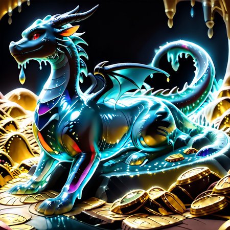 1dragon, highly detailed black  dragon, black dragon made out of slime, scaly black slime dragon, slime dragon with red eyes, black slime dragon laying in its hoard, black slime dragon with wings, dragon wings, detailed claws, detailed feet, detailed tail,
multi-colored gems made out of slime, in a room of treasure made out of slime, tiny gold coins and bars made out of slime, piles of tiny coins, piles of tiny gold slime coins, piles of gold slime, tiny gold slime coins, only tiny coins, translucent slime coins, 
treasure-room, treasure, gemstone, coins, gold bars, gold pile, 
everything made of slime, No simple background,
((translucent slime)), ((transparent slime)), (bioluminescent slime), sl1m3, slime, ais-blmn, watce, je11y, thickwater, great lighting, ral-lava, even lighting, no bright spots, saturated colors,