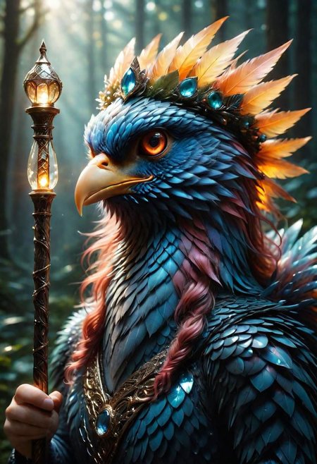 Mix the long curly fur with dragonscales and bird to create magical creature with big glowing eyes and magical staff in hand wearing magical hat, masterpiece, Surrealism, close-up, macro photo, f/1.2, backlighting, Albert Edelfelt, multicolored hair