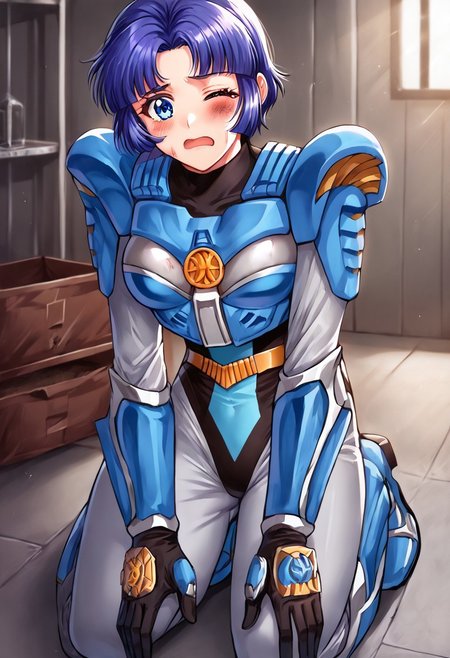 score_9, score_8_up, score_7_up, source_anime, zPDXL, zPDXLpg, <lora:offset_0.2:0.1>, <lora:spo_sdxl_10ep_4k-data_lora_webui:1>,
1girl, solo,
sazerpisces, silver bodysuit, black leotard, belt, armor, black gloves, gauntlets,  <lora:Sazer_Pisces_v2:1>,
srw_kusuha, blue hair, parted bangs, short hair, blue eyes, 
kneeling, one eye closed, hurt, injury, scared, holding arm, inside, warehouse