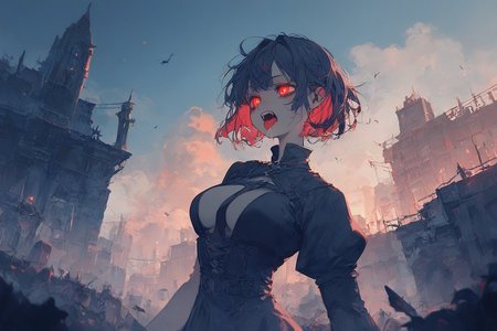 (score_8_up:1.6), (sanji dangan:0.8), <lora:sanji_dangan_style:0.85>
1girl, virtual youtuber, tongue out, saliva trail, red eyes, glowing eyes, alternate eye color, middle breasts, looking at side, zombie apocalypse, ruin city, sunset, wide shot, dynamic pose, blurry background,