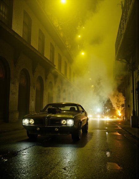 <lora:CinematicStyleFlux_v1:1> <lora:detailer_flux_v1:1> detailerlora
A cinematic, photorealistic dieselpunk action scene of a retro-futuristic sports car speeding through a dark, industrial street at night. The car is low and aggressive, inspired by 1940s muscle design but modified with exposed piping, glowing engine components, thick riveted armor plating, and oversized exhausts belching black smoke. Its headlights blaze through dense smog as it barrels down slick cobblestone streets, reflecting city grime and scattered oil puddles.
Surrounding it are towering, soot-stained industrial buildings with crumbling brick, massive steel beams, and glowing orange furnaces visible through grated windows. Smoke and steam pour from rusted vents and chimneys, with pipes and overhead crane tracks looming above the street. Motion blur captures the sense of high speed, while sparks from nearby welding and brief glints of firelight add dynamic contrast.
The lighting is dramatic and moodyâoverhead lamps flicker, casting deep shadows and diffused light through thick smog. The sky is yellow-grey from pollution, and the scene is tinted with grim, mechanical intensity. The camera angle trails slightly behind and low to the ground, emphasizing speed and scale.