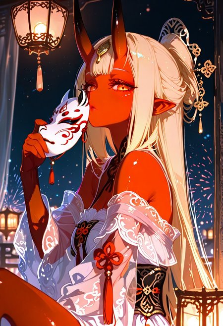 masterpiece, best quality, good quality, newest, highres, absurdres, volumetric lighting,gradient color,
BREAK 
raytracing, volumetric lighting, ambient occlusion, girl, background, masterpiece, best quality, very awa, absurdres, by ratata47,
BREAK
Aka-Oni, oni, colored skin, (red skin:1.3), straight horns, solo, long hair, model style, 
BREAK
masterpiece,amazing quality,best quality,ultra-detailed,8K,illustration,CG,shiny hair,clear skin,ultra-detailed-eyes, background,cute girl, eyelashes,
 cinematic, (masterpiece), (best quality), (ultra-detailed), very aesthetic, illustration, perfect,best quality, amazing quality
BREAK,
 firework, (Sexy lips), Face focus, curtains, chinese makeup, a Hanfu Bride, Sitting sideways, long hair, blonde hair, Hairpin, see-through, tassel,Her delicate hanfu, holding a mask, embroidered with intricate patterns, lanterns, floating lanterns, looking_at_viewer, Cinematic Lighting, mask cover half her face,
