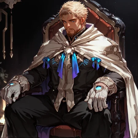 <lora:Nimul__Alchemist_Code-000005:.7>, tagatamenimul, nimul_blonde, nimul_blue eyes, 1boy, short hair, solo, male focus, manly, bara, muscular male, cape, shirt, ribbon, glowing, long sleeves, gloves, pants, sitting, 
(very short hair), male focus, muscular male, bara, mature, (hairy body, hairy, body hair, hairy body, glossy skin, bara, mature, facial hair, beard, full beard, sideburn, mustache, stubble), facial hair, bara, mature, body hair, aixiwuganda_(20222192), very awa, masterpiece, best quality, absurdres, newest, perfect quality, detailed background, intricate details,<lora:slider_Body Type_alpha1.0_rank4_noxattn_last:1><lora:Anime Summer Days 2 Style SDXL_LoRA_Pony Diffusion V6 XL:.6><lora:merged:.7>, DARK, DARK BACKGROUND, LOW-KEY LIGHTING <lora:slider_cfg_scale_boost:.7><lora:Artist6p:.55>, Artist6p, Artist04p,<lora:slider_il_brightness_slider_d1:-.3><lora:slider_il_contrast_slider_d1:-.25>,<lora:slider_contract_controller_illus01_v1:.3>, <lora:addon_illustriousXLv01_stabilizer_v1.121:.5>,<lora:slider_DarkSlider1.2_alpha1.0_rank16_full_300steps:-.1><lora:Heavenly_Beauty_r1:1>, (heavenlybeauty,)<lora:slider_style_strength_controller_illus01_v1:.25><lora:slider_longlegs-slider-illu-v1:10>