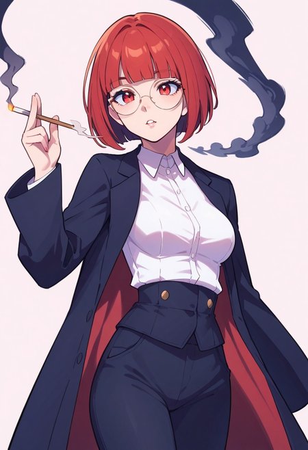 score_9, score_7_up, solo, 1girl,
red eyes, round eyewear, glasses, parted lips, hip vent, nylon, blunt bangs, bob cut, medium breasts, dress shirt, suit pants, smoking, coat,