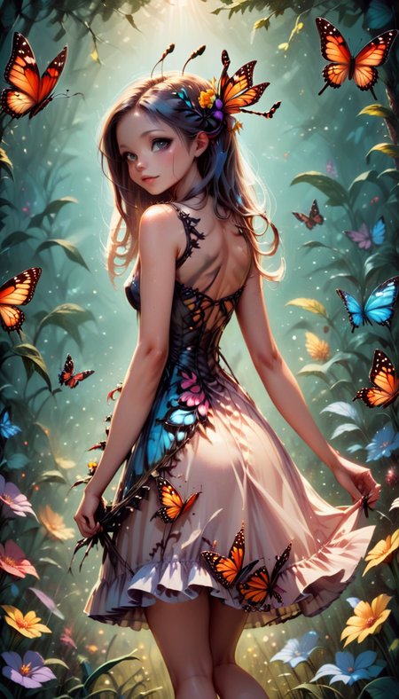 bestifacator, 1girl, solo, flower, butterfly, dress, bug