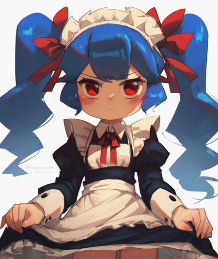 score_9, score_8_up. score_7_up, <lora:porforever:1> porforever,
1girl,maid apron,maid headdress,white background,red eyes,simple background,long hair,black dress,looking at viewer,twintails,blue hair,long sleeves,blush,closed mouth,juliet sleeves,red ribbon,white apron,puffy sleeves,neck ribbon,alternate costume,skirt hold,cowboy shot