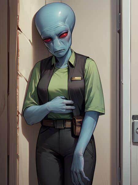 score_7_up, score_8_up, score_9, masterpiece, (1girl, solo,)perfect face, perfect hands, high quality, source_anime, cowboy shot, <lora:Duros_-_Star_Wars:1> duros, colored skin, alien, red eyes, blue skin, bald, hiding behind corner, black vest, green undershirt, black pants, utility belt, medium breasts,